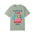 T-shirt with "Sarah's Bach Last Splash" and flamingo graphic.