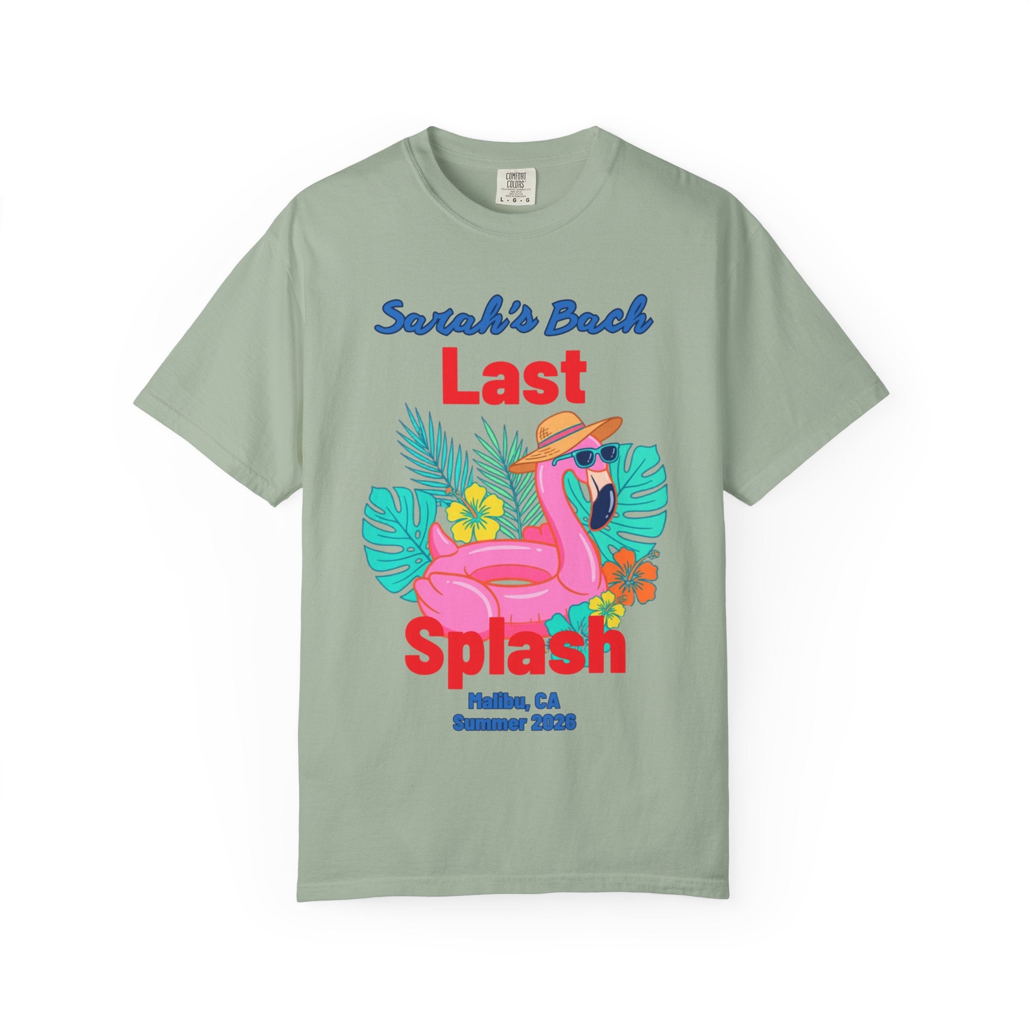 T-shirt with "Sarah's Bach Last Splash" and flamingo graphic.