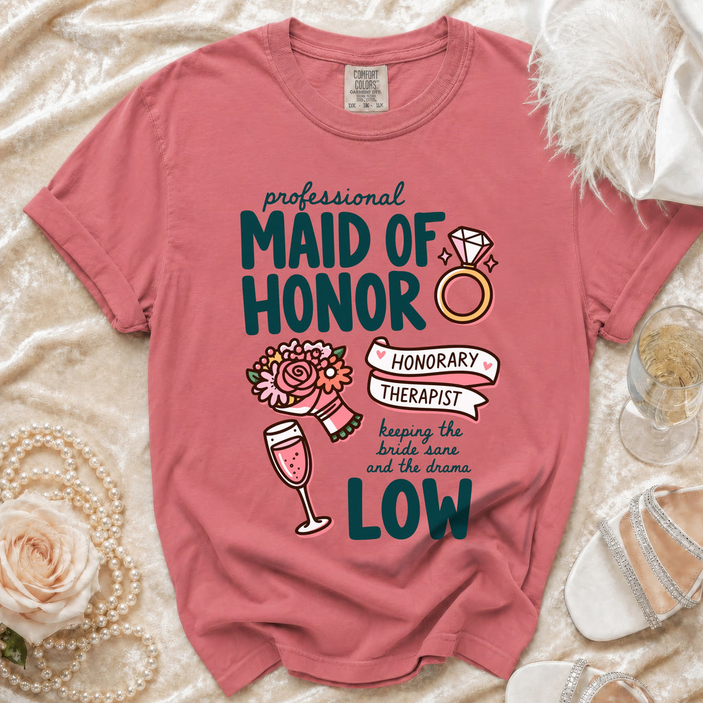 "Professional Maid of Honor" T-shirt with graphics of a ring, bouquet, and champagne glass.
