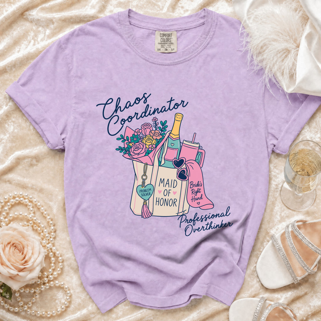 Lavender Comfort Colors t-shirt with "Chaos Coordinator" text and bachelorette party graphics.