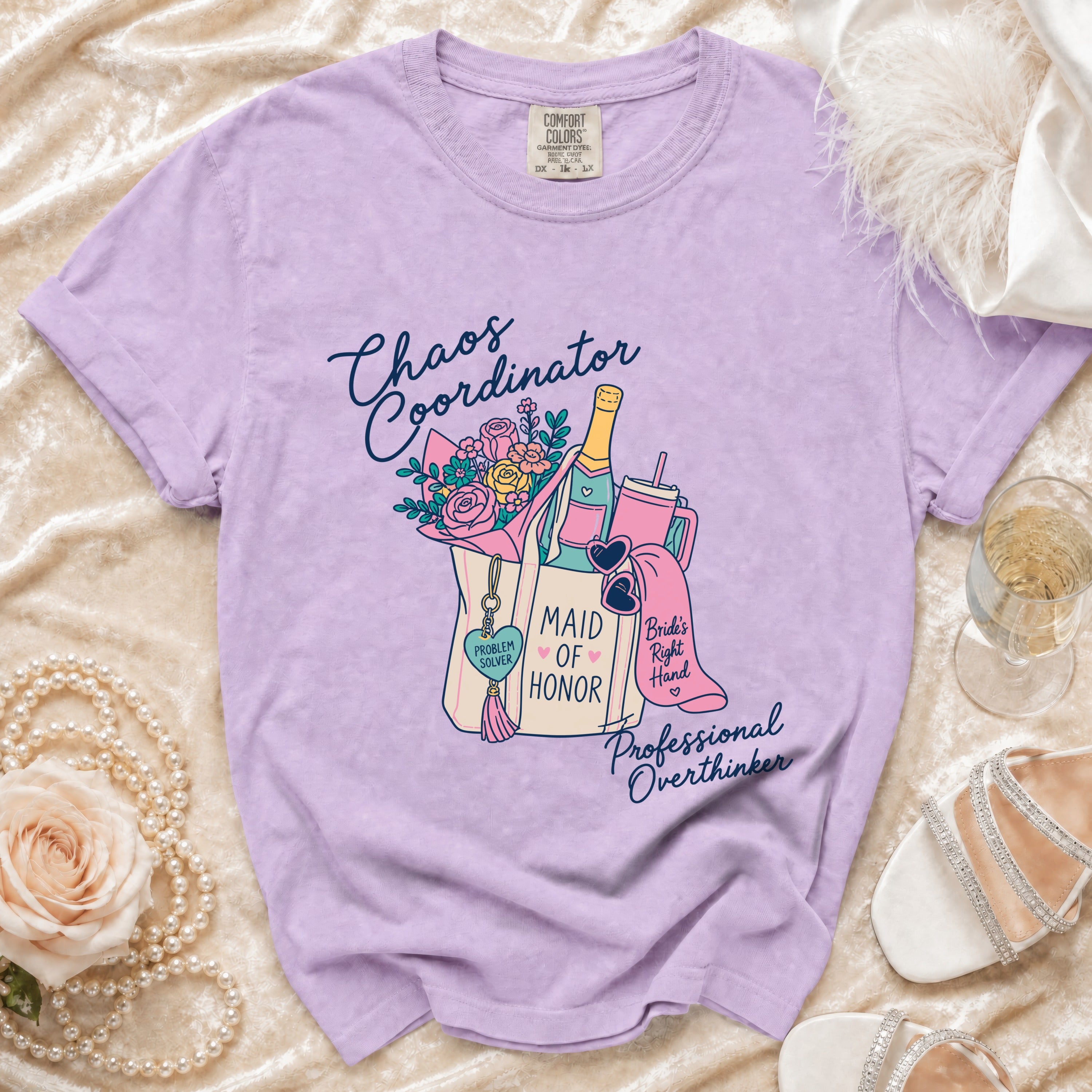 Lavender Comfort Colors t-shirt with "Chaos Coordinator" text and bachelorette party graphics.