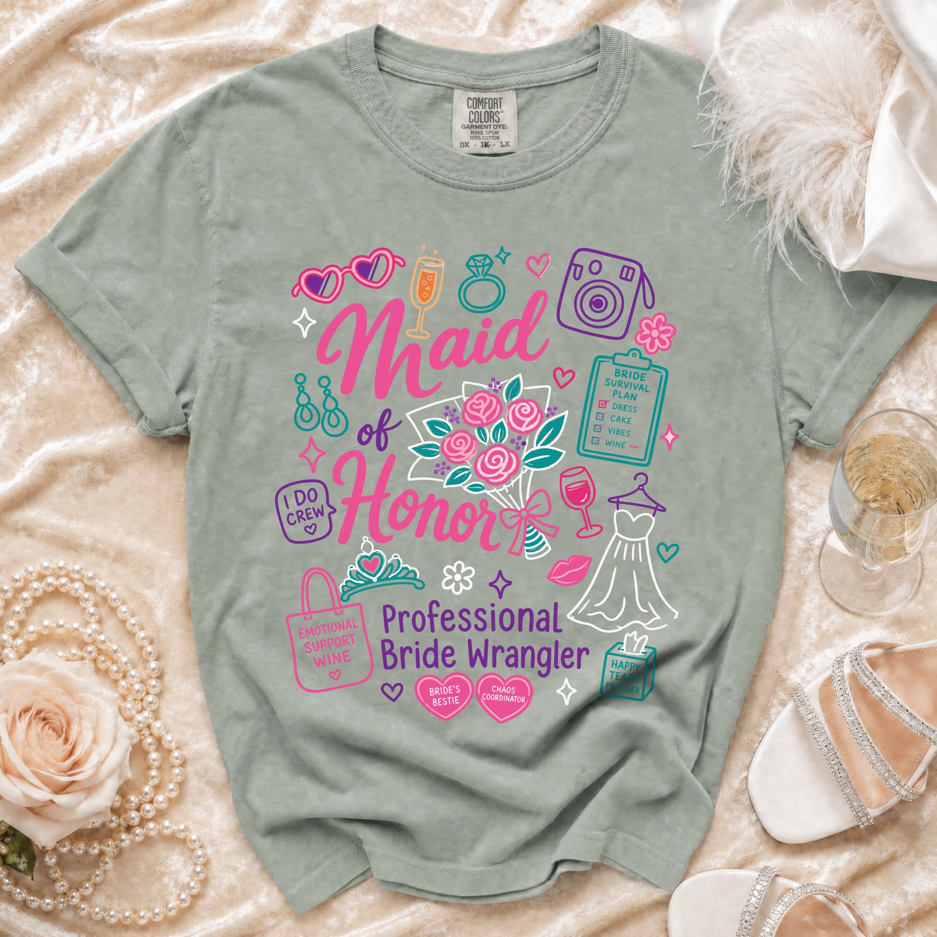 Maid of Honor Professional Bride Wrangler t-shirt with wedding icons.