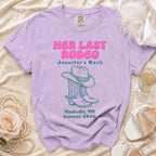Purple t-shirt with "Her Last Rodeo" and bachelorette details.