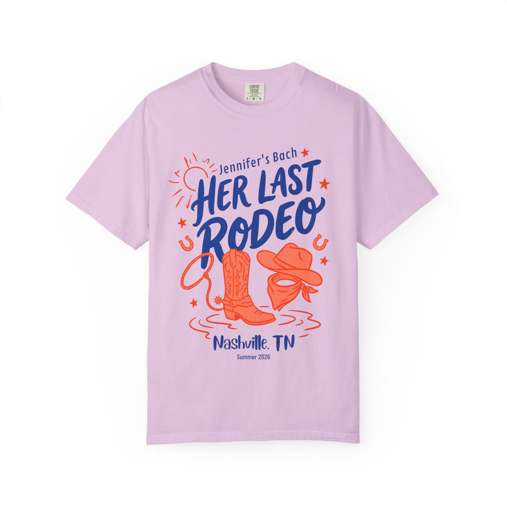 Jennifer's Last Rodeo bach party t-shirt with cowboy boot and bandana graphics.