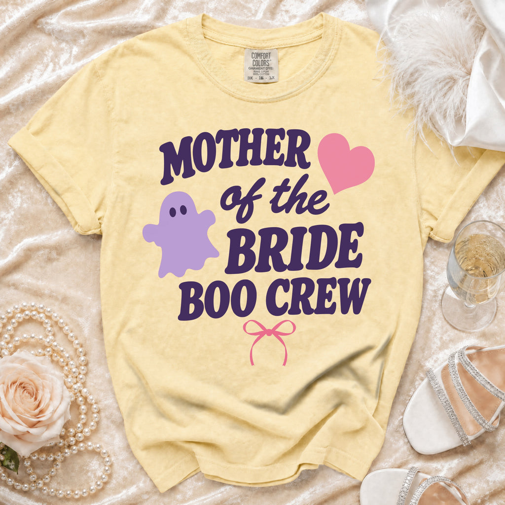 Yellow t-shirt with "Mother of the Bride Boo Crew" text, ghost, heart, and bow.