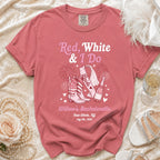 Pink t-shirt with "Red, White & I Do" text and bride, cowboy boot, and champagne graphics.