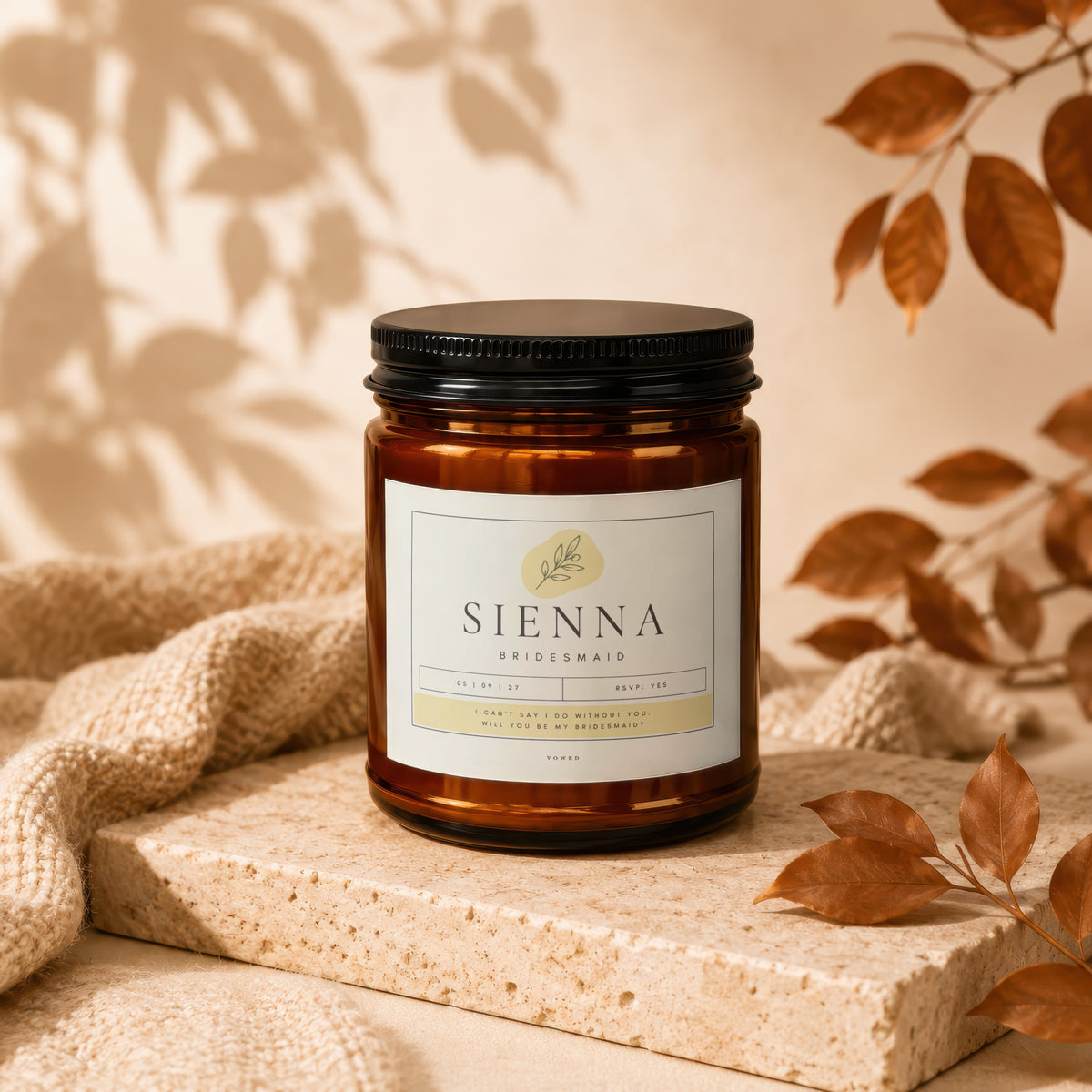 Amber jar candle with "Sienna Bridesmaid" label asking "Will you be my bridesmaid?"