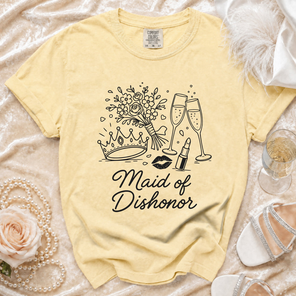 Yellow t-shirt with "Maid of Dishonor" text and outline graphics.