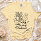 Yellow t-shirt with "Maid of Dishonor" text and outline graphics.
