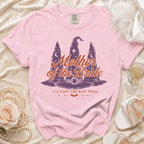 Pink t-shirt with "Mother of the Bride I'll Cast the Best Spell" text and witch hats.