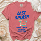 Coral t-shirt with "LAST SPLASH SARAH'S BACH MALIBU, CA SUMMER 2026" text.