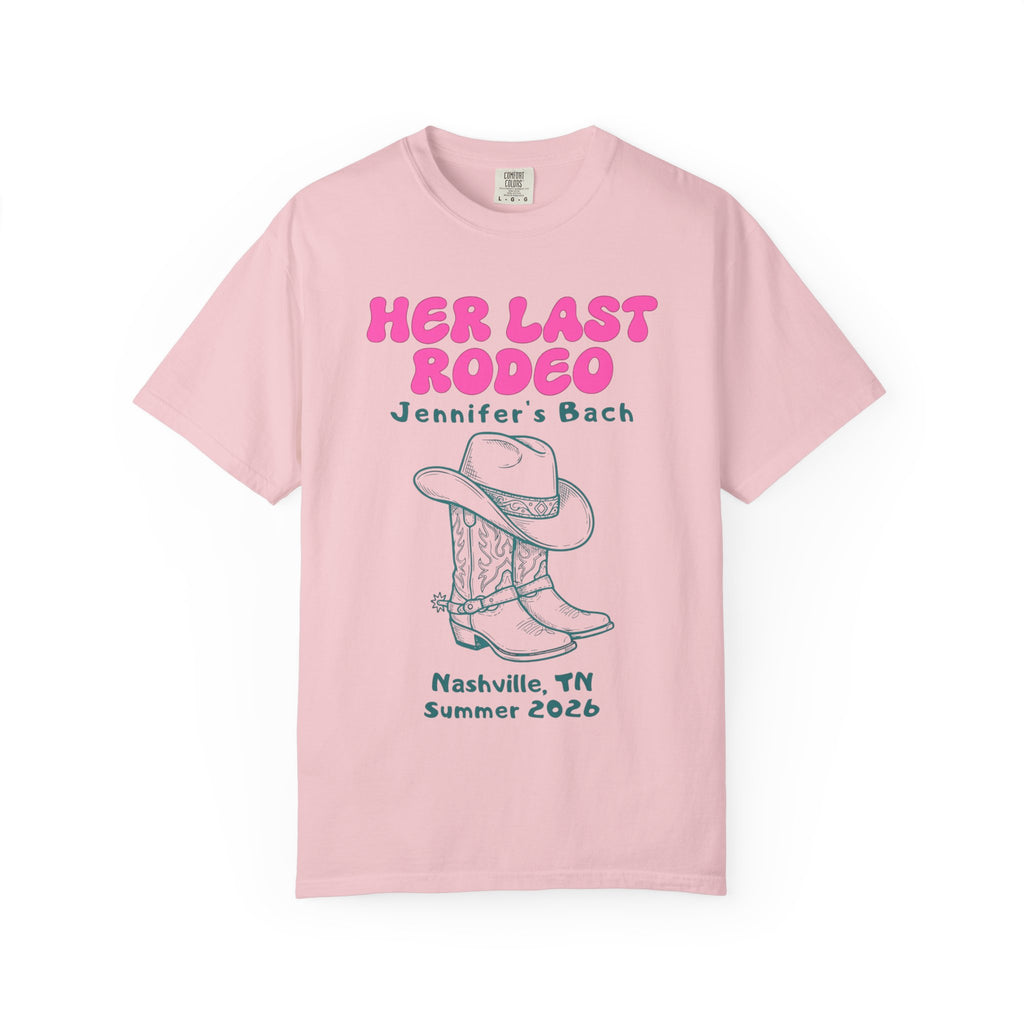 Pink t-shirt with "Her Last Rodeo Jennifer's Bach" and cowboy boots graphic.
