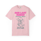 Pink t-shirt with "Her Last Rodeo Jennifer's Bach" and cowboy boots graphic.