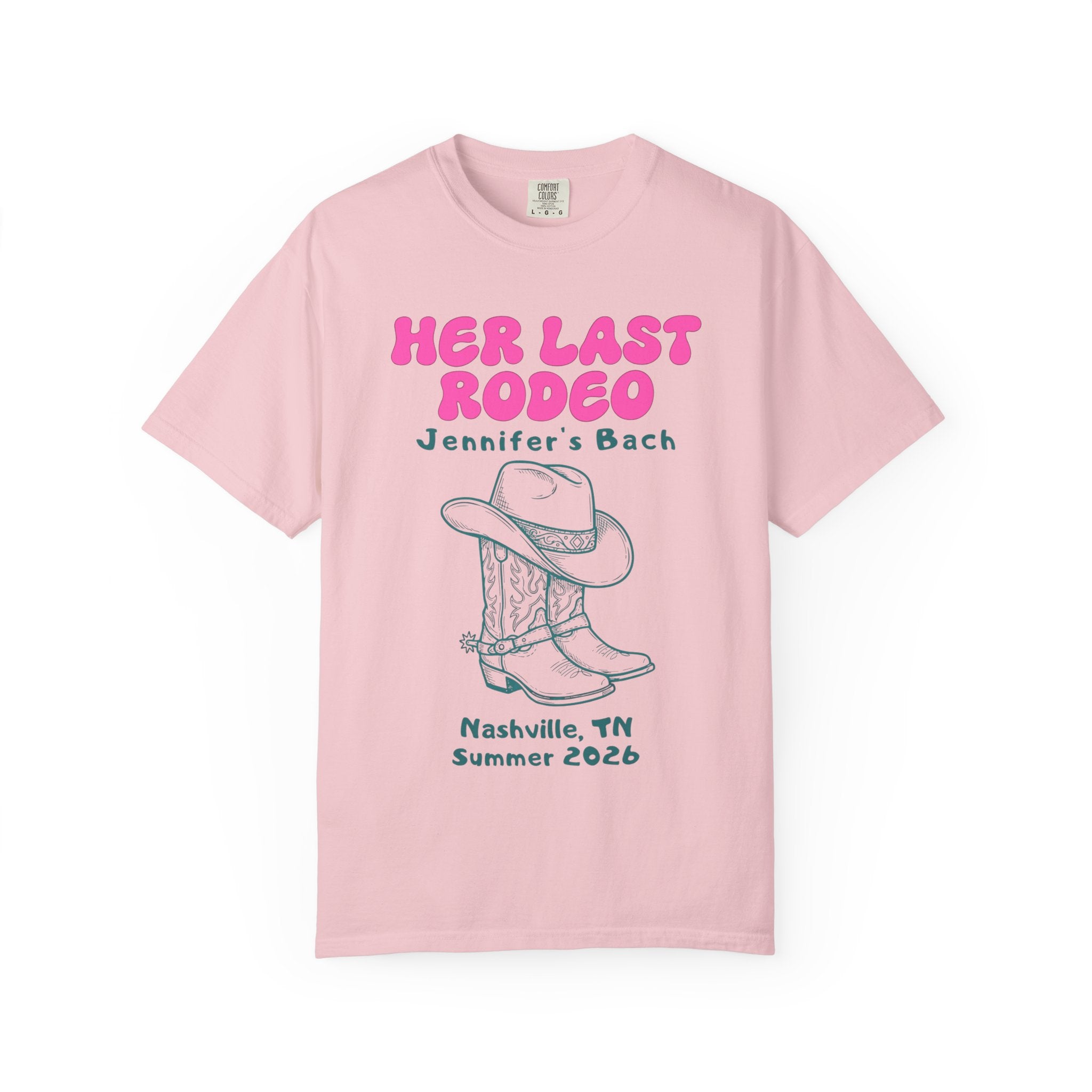 Pink t-shirt with "Her Last Rodeo Jennifer's Bach" and cowboy boots graphic.