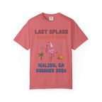 Pink t-shirt with "Last Splash Sarah's Bach Malibu, CA Summer 2026" and graphics.