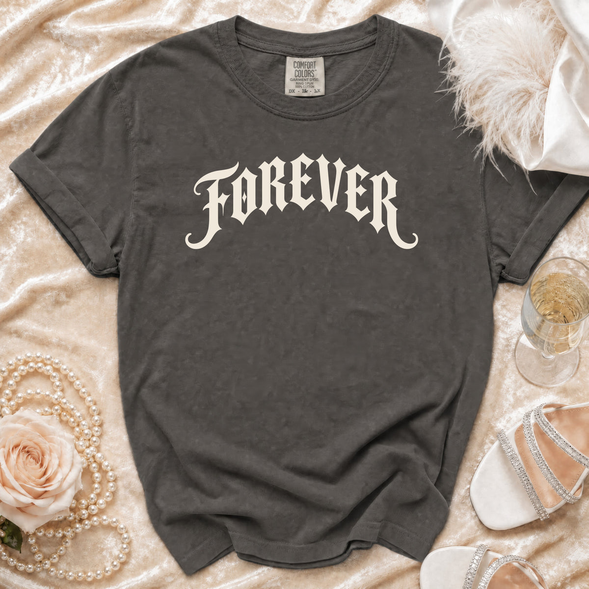 Dark grey t-shirt with "FOREVER" in gothic font, and Comfort Colors tag.