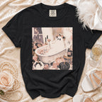 Black Comfort Colors t-shirt featuring a ghost in a bathtub with flowers and pumpkins.