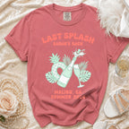 Coral t-shirt with "Last Splash Sarah's Bach Malibu CA Summer 2026" text and champagne graphic.