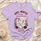 T-shirt with "Red, White & I Do Willow's Bachelorette New York, NY July 4th, 2026" text.