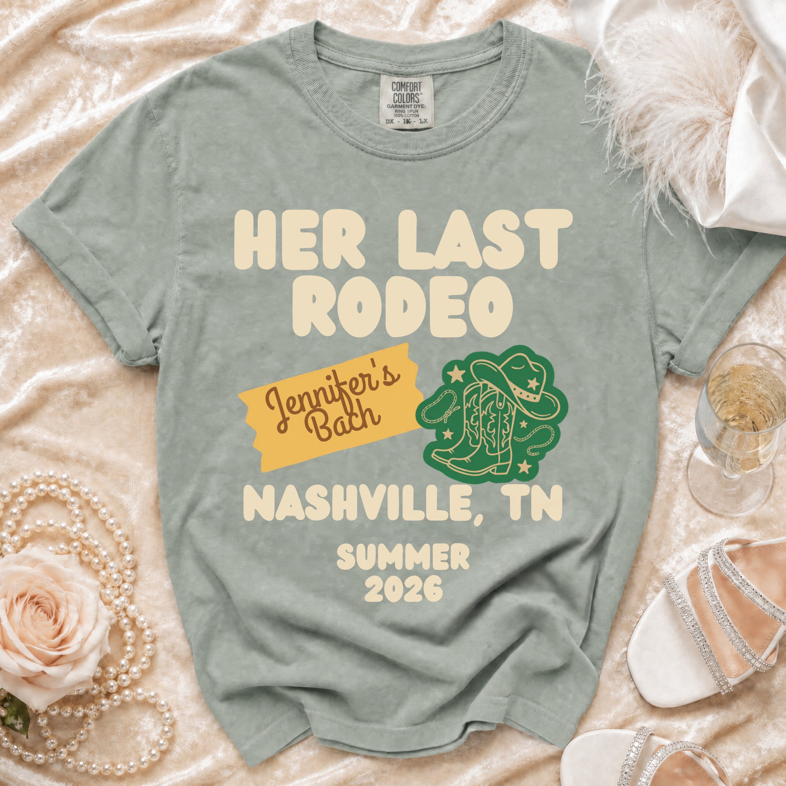 "Her Last Rodeo" t-shirt with "Jennifer's Bach" and "Nashville, TN Summer 2026".
