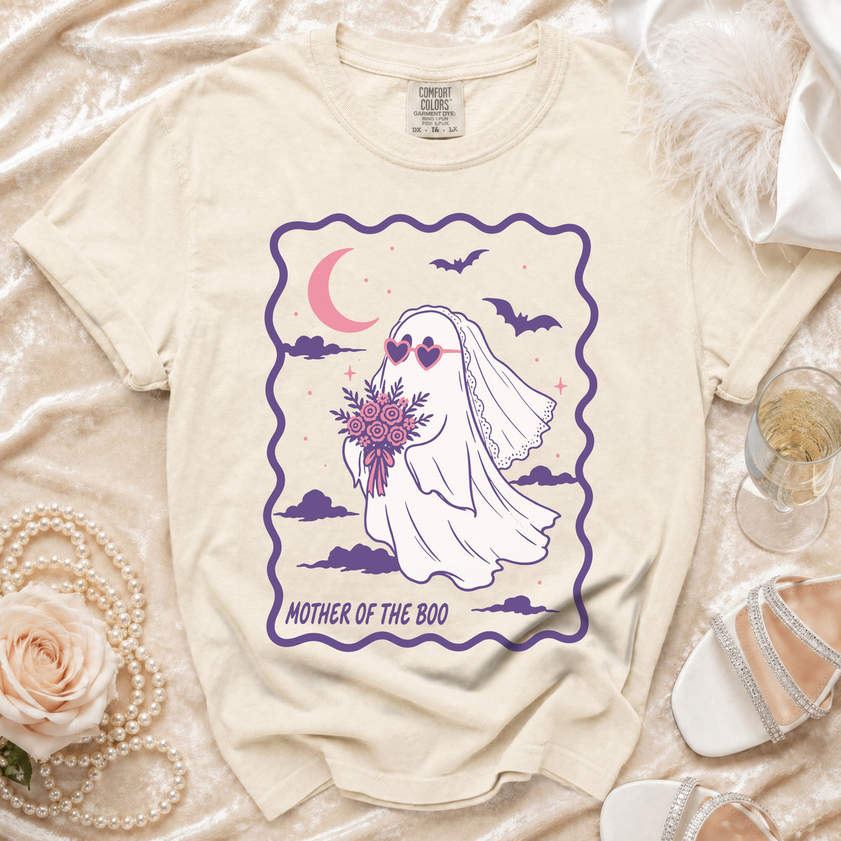 Cream t-shirt with "Mother of the Boo" text and a ghost bride graphic.