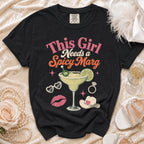 Black t-shirt with "This Girl Needs a Spicy Marg" graphic and margarita.