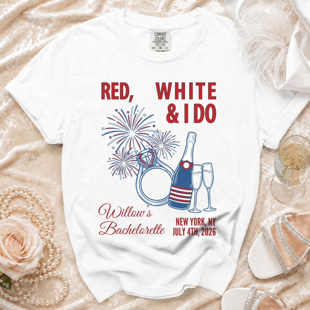 White t-shirt with "Red, White & I Do" and Willow's Bachelorette text.
