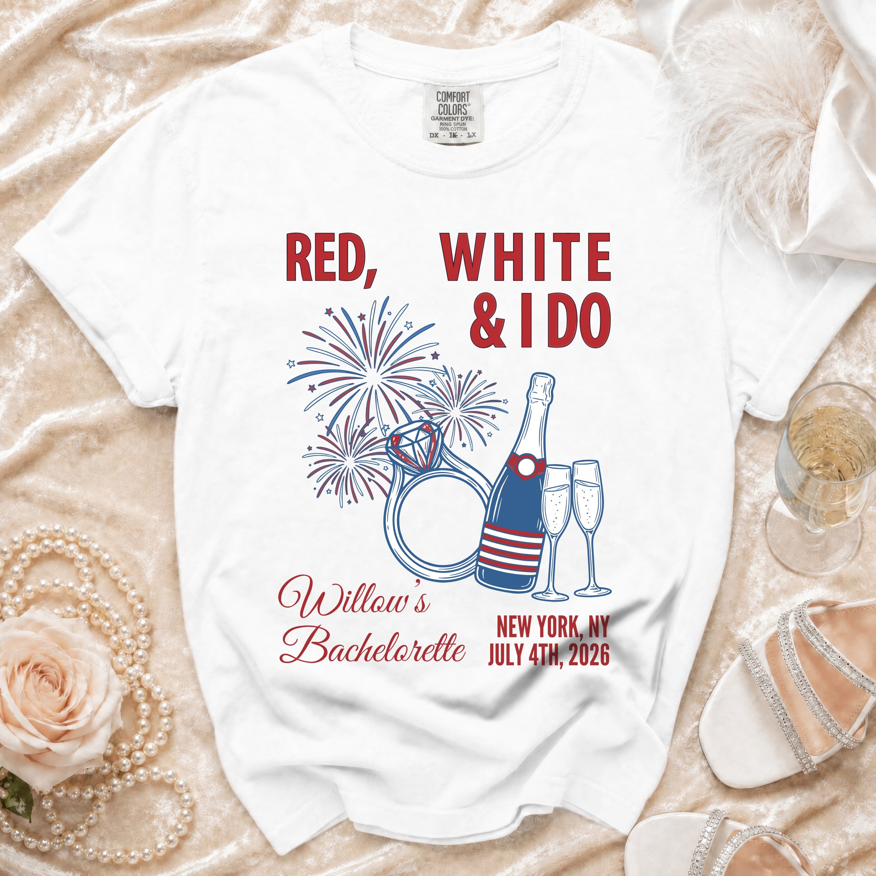 White t-shirt with "Red, White & I Do" and Willow's Bachelorette text.