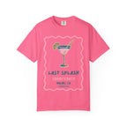 Pink t-shirt with "Last Splash Sarah's Bach Malibu, CA Summer 2023" and martini graphic.