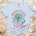 Light blue t-shirt with "Mother of the Bride Club" text and wedding graphics.