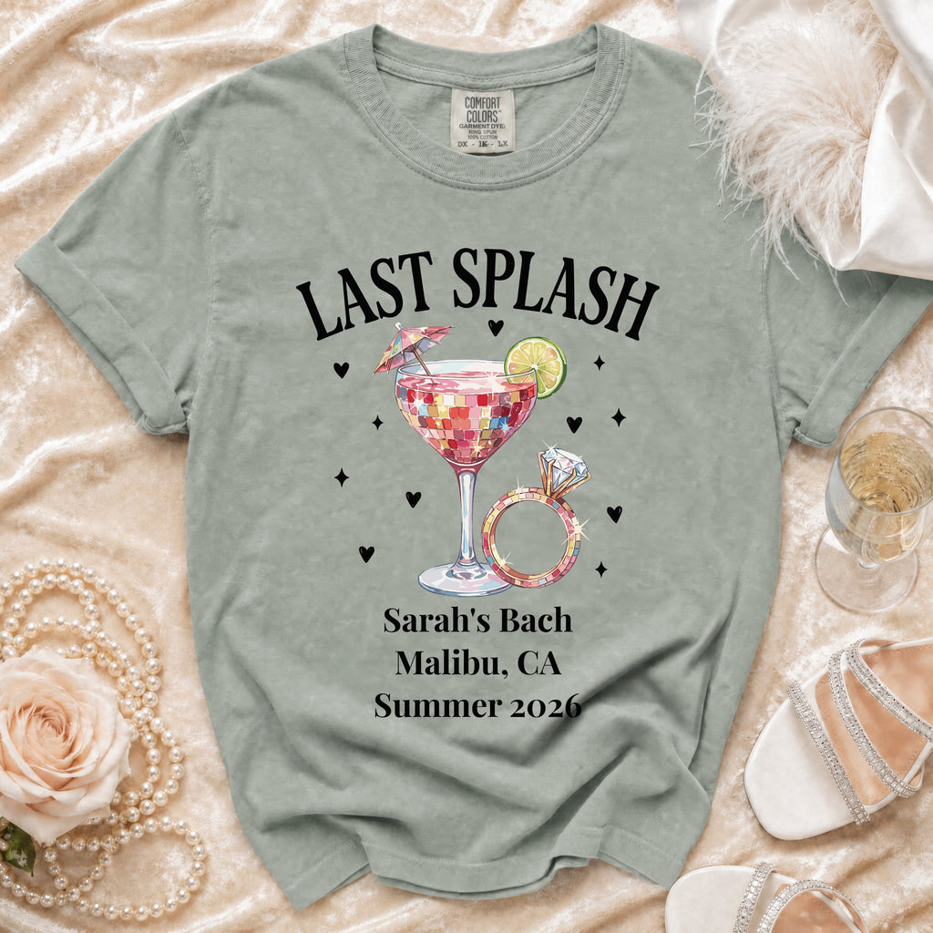 "Last Splash" text with cocktail, ring, and personalized text for Sarah's Bach.