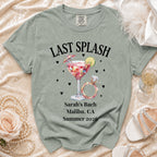 "Last Splash" text with cocktail, ring, and personalized text for Sarah's Bach.