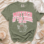 Olive green t-shirt with "MOTHER OF THE BRIDE to be" text and ghost graphic.