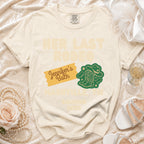 Cream t-shirt with "Her Last Rodeo Jennifer's Bach Nashville, TN" text and cowboy boots.