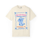 Cream t-shirt with "Her Last Rodeo Jennifer's Bach Nashville, TN Summer 2026" and cowboy boots.