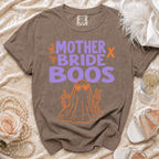 Brown Comfort Colors shirt with "The Mother Bride Boos" text and ghost graphic.