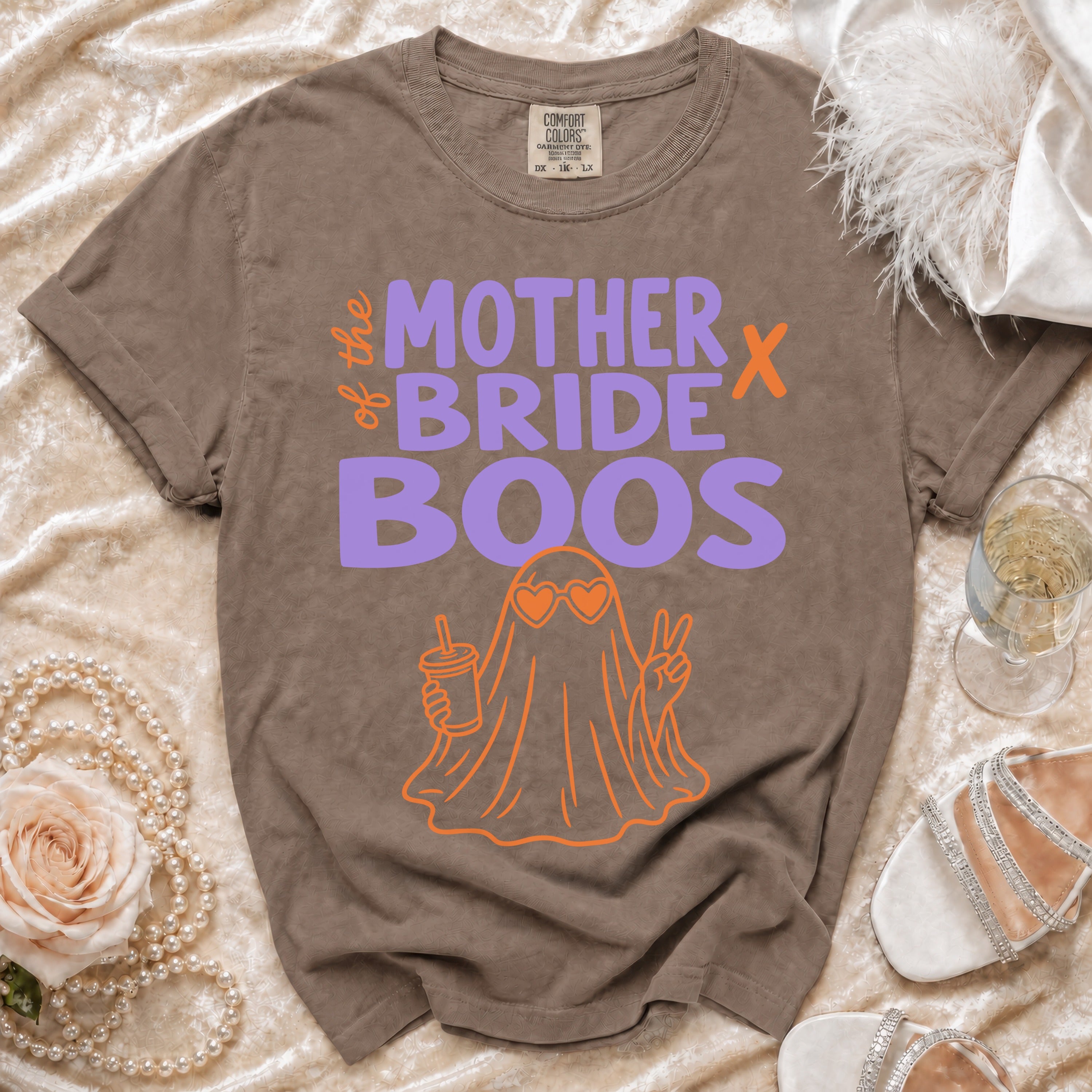Brown Comfort Colors shirt with "The Mother Bride Boos" text and ghost graphic.