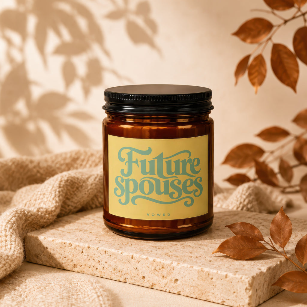 Amber glass candle with "Future spouses" text and "vowed" below.
