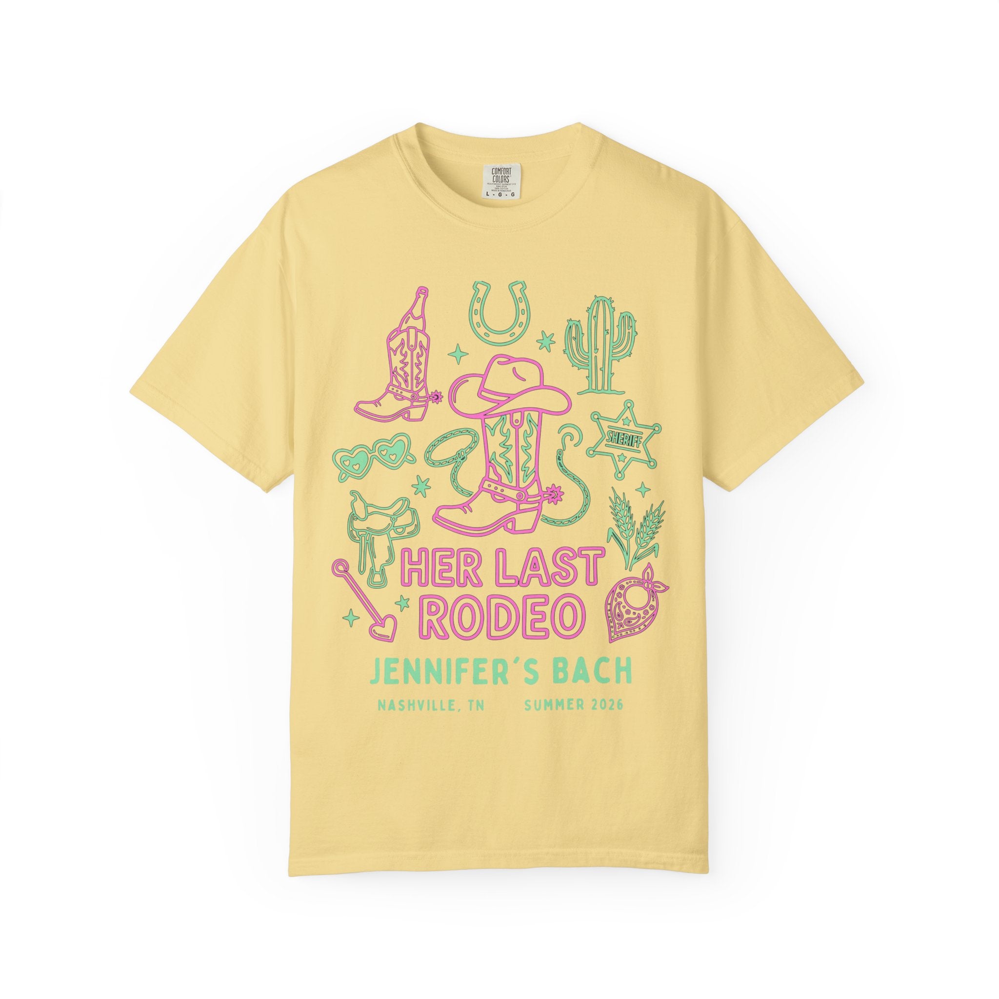 Yellow t-shirt with "Her Last Rodeo" and rodeo graphics.