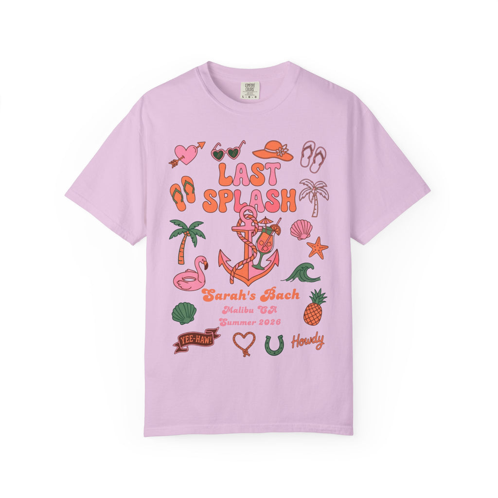 Pink t-shirt with "Last Splash Sarah's Bach Malibu CA Summer 2026" text and graphics.