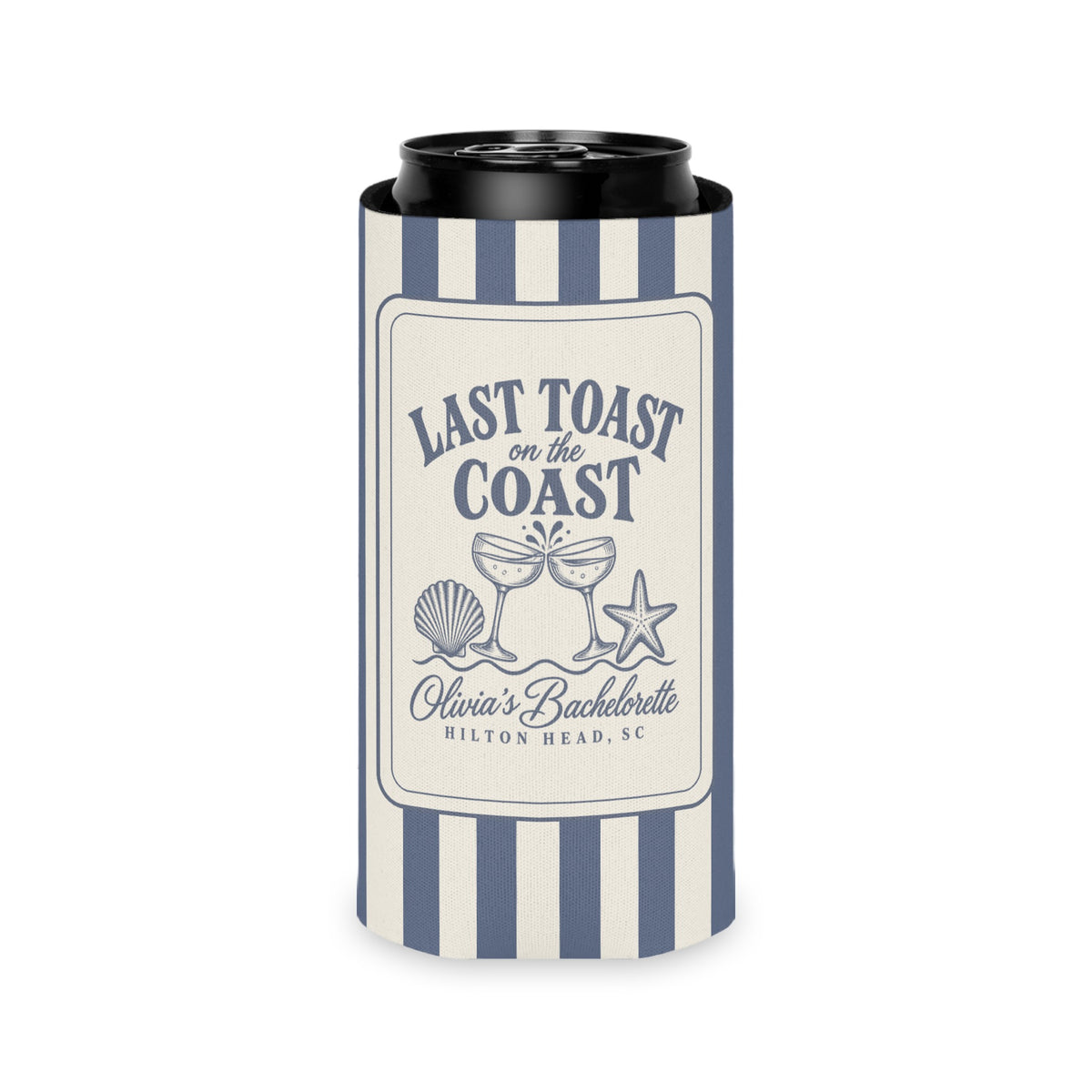 Last Toast On The Coast can cooler, Slim, Blue Jean stripes