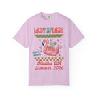 Pink t-shirt with "Last Splash Sarah's Bach Malibu CA Summer 2026" text and flamingo float.