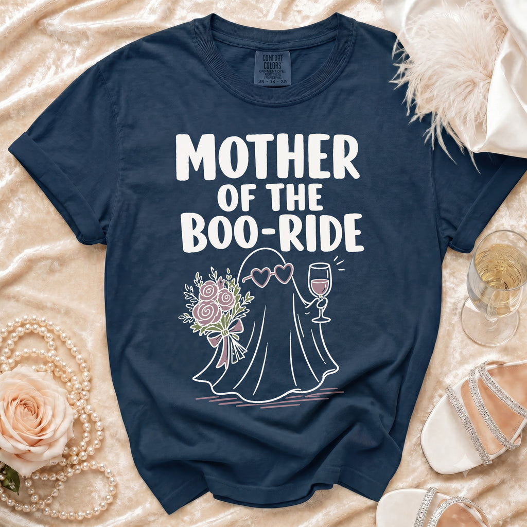 Navy t-shirt with "MOTHER OF THE BOO-RIDE" text and ghost graphic.