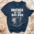 Navy t-shirt with "MOTHER OF THE BOO-RIDE" text and ghost graphic.