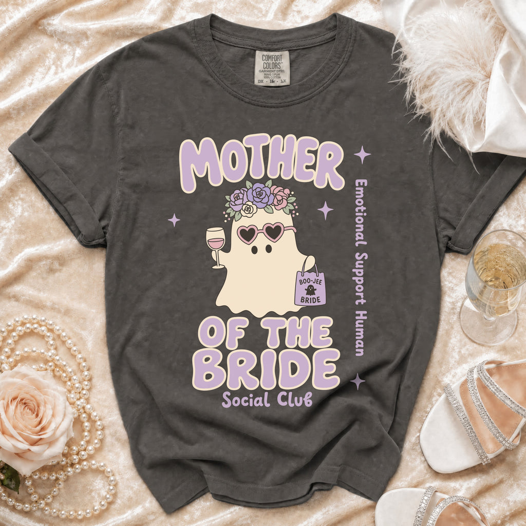 Dark grey t-shirt with "Mother of the Bride Social Club" and a ghost graphic.