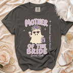 Dark grey t-shirt with "Mother of the Bride Social Club" and a ghost graphic.