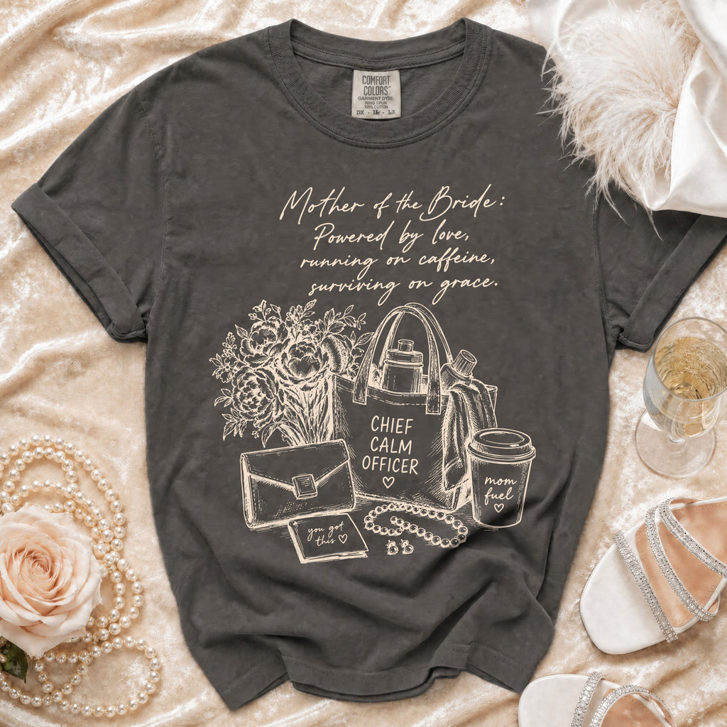 Charcoal t-shirt with "Mother of the Bride" design and accessories.