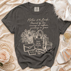 Charcoal t-shirt with "Mother of the Bride" design and accessories.