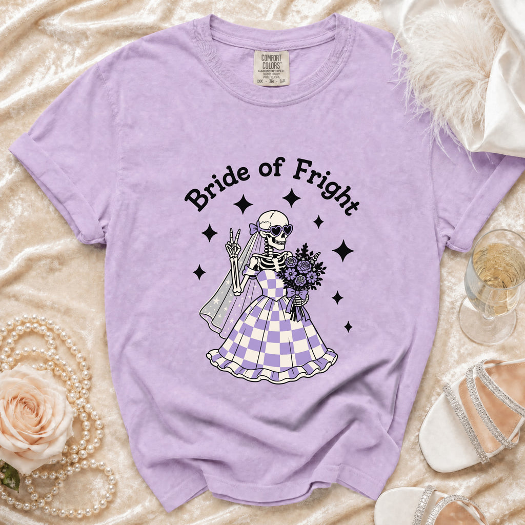 Lavender t-shirt with "Bride of Fright" graphic featuring a skeleton bride.