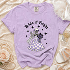 Lavender t-shirt with "Bride of Fright" graphic featuring a skeleton bride.